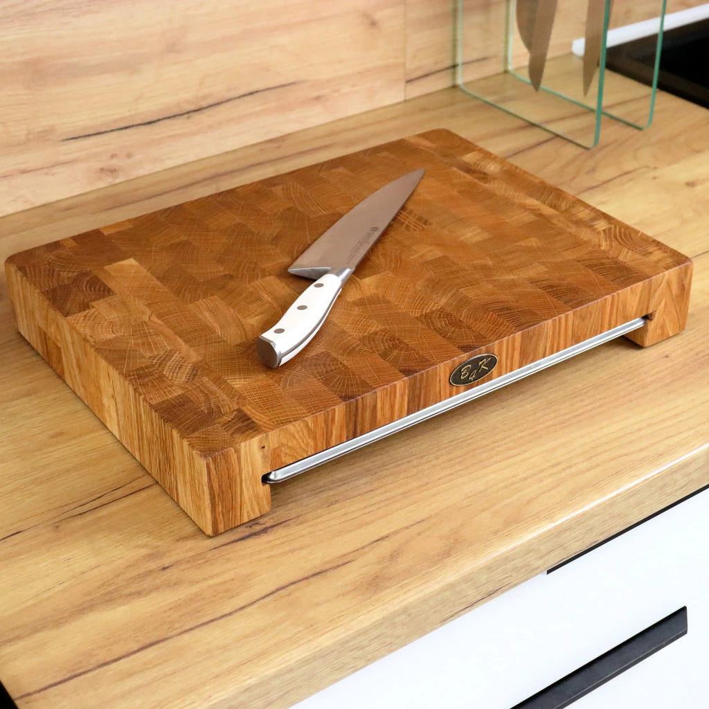 Stirnholz-Schneidebrett mit Auffangschale – 40 × 30 × 6 cm