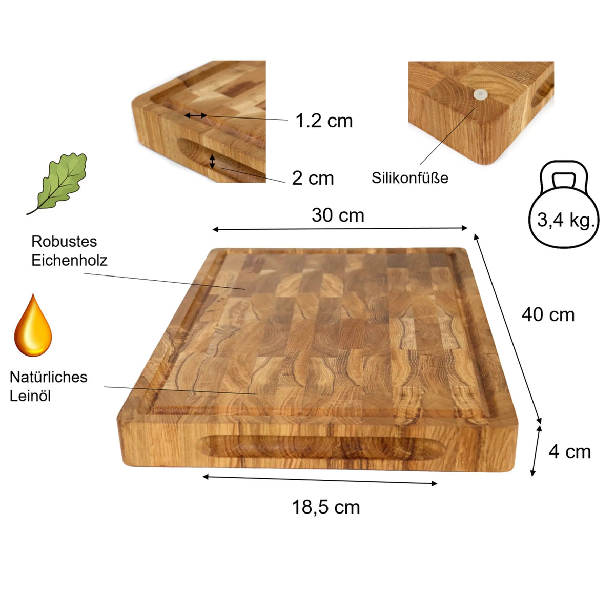 Stirnholz-Schneidebrett Eiche – 40 × 30 × 4 cm