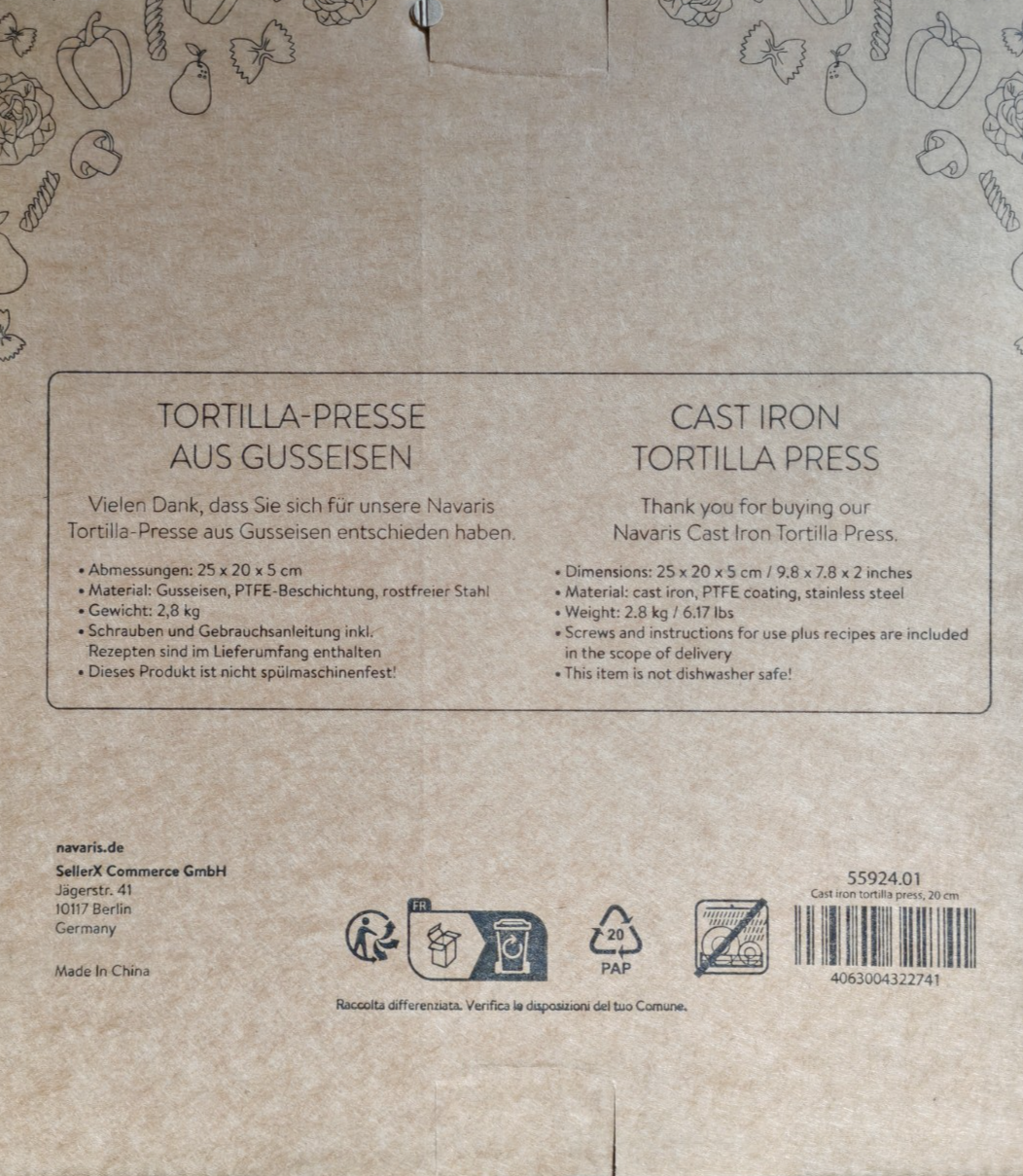 Navaris Tortillapresse aus Gusseisen – Ø 20 cm