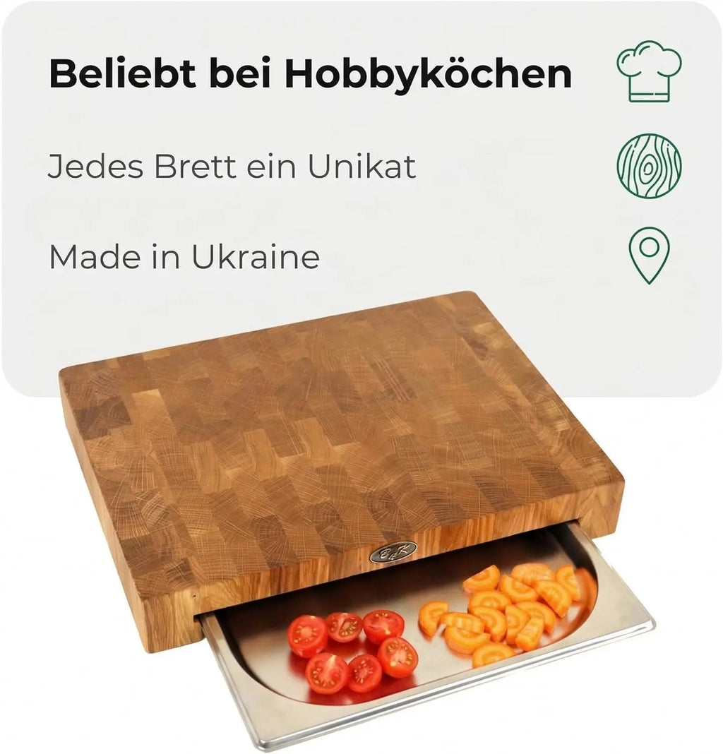 Stirnholz-Schneidebrett mit Auffangschale – 40 × 30 × 6 cm
