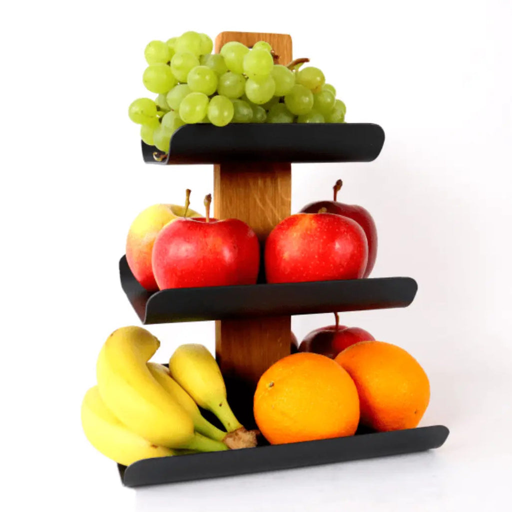 Modern 3-Tier Wood & Metal Fruit Stand – Black, 33 cm