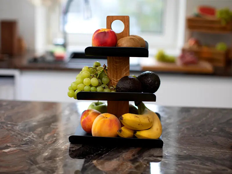 Modern 3-Tier Wood & Metal Fruit Stand – Black, 33 cm