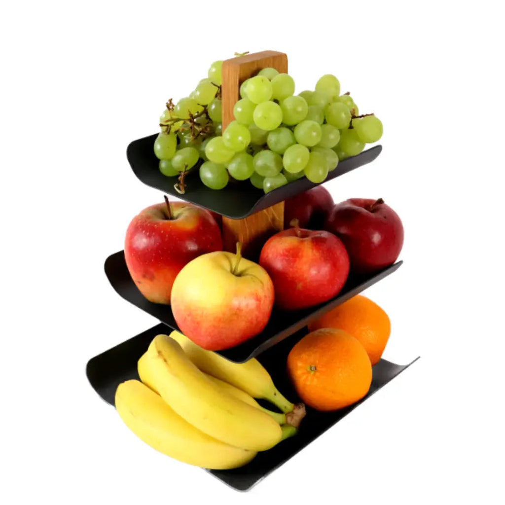 Modern 3-Tier Wood & Metal Fruit Stand – Black, 33 cm