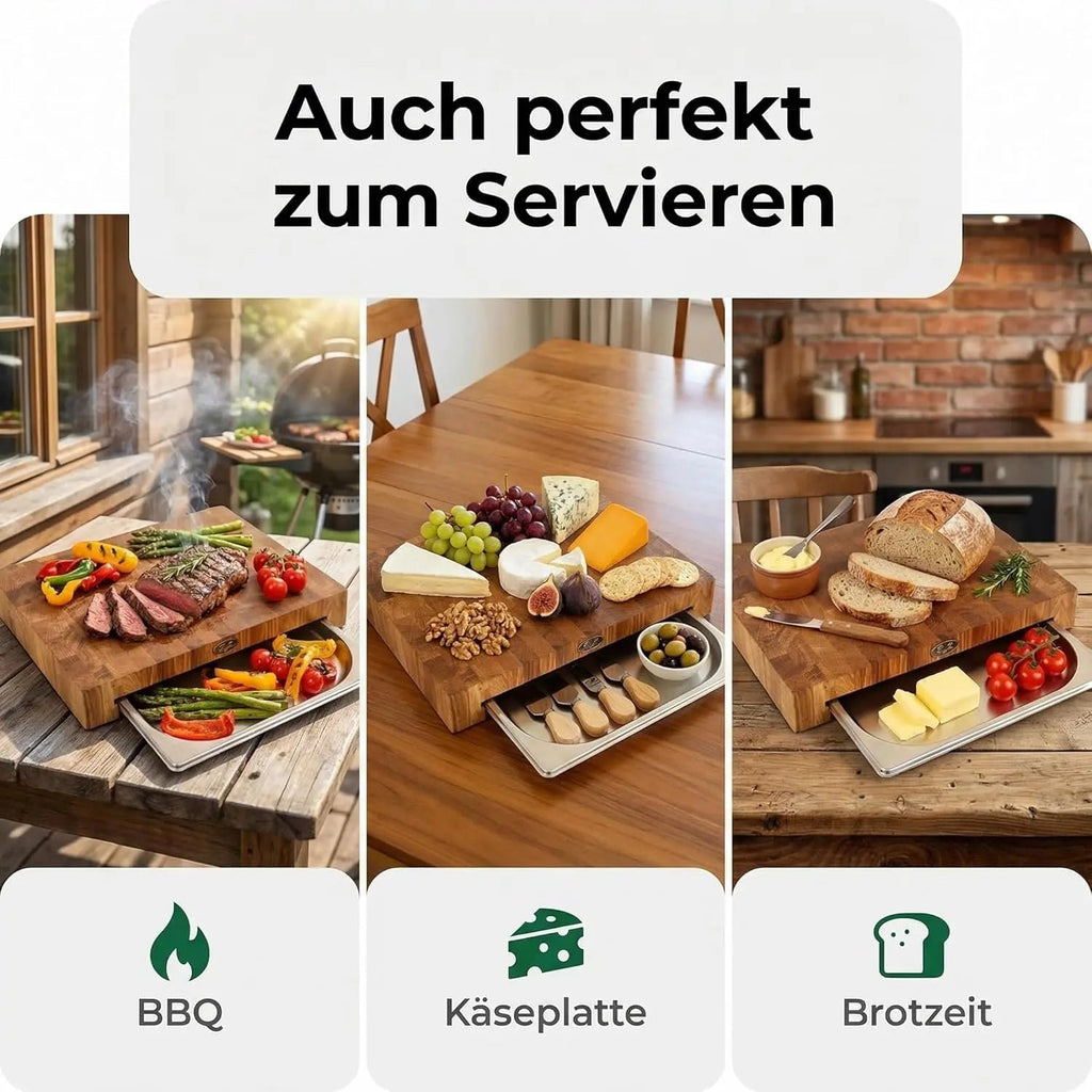 Stirnholz-Schneidebrett mit Auffangschale – 40 × 30 × 6 cm