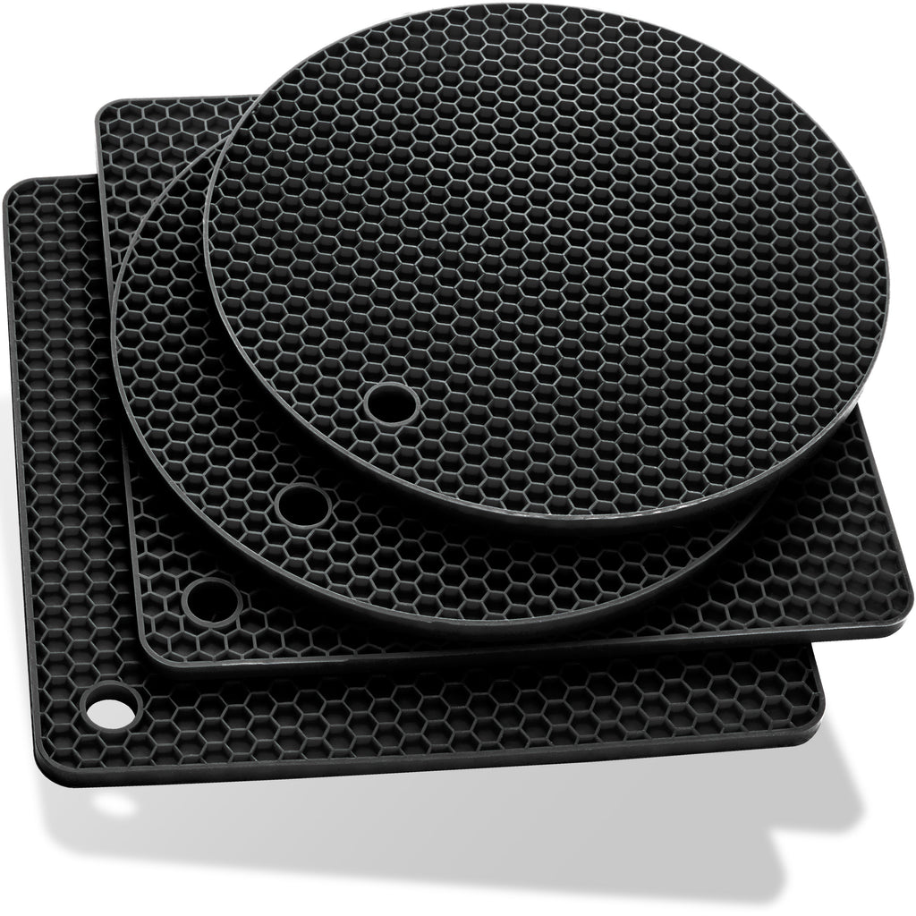 Black Round & Square Silicone Trivets and Pot Holders – Set of 4