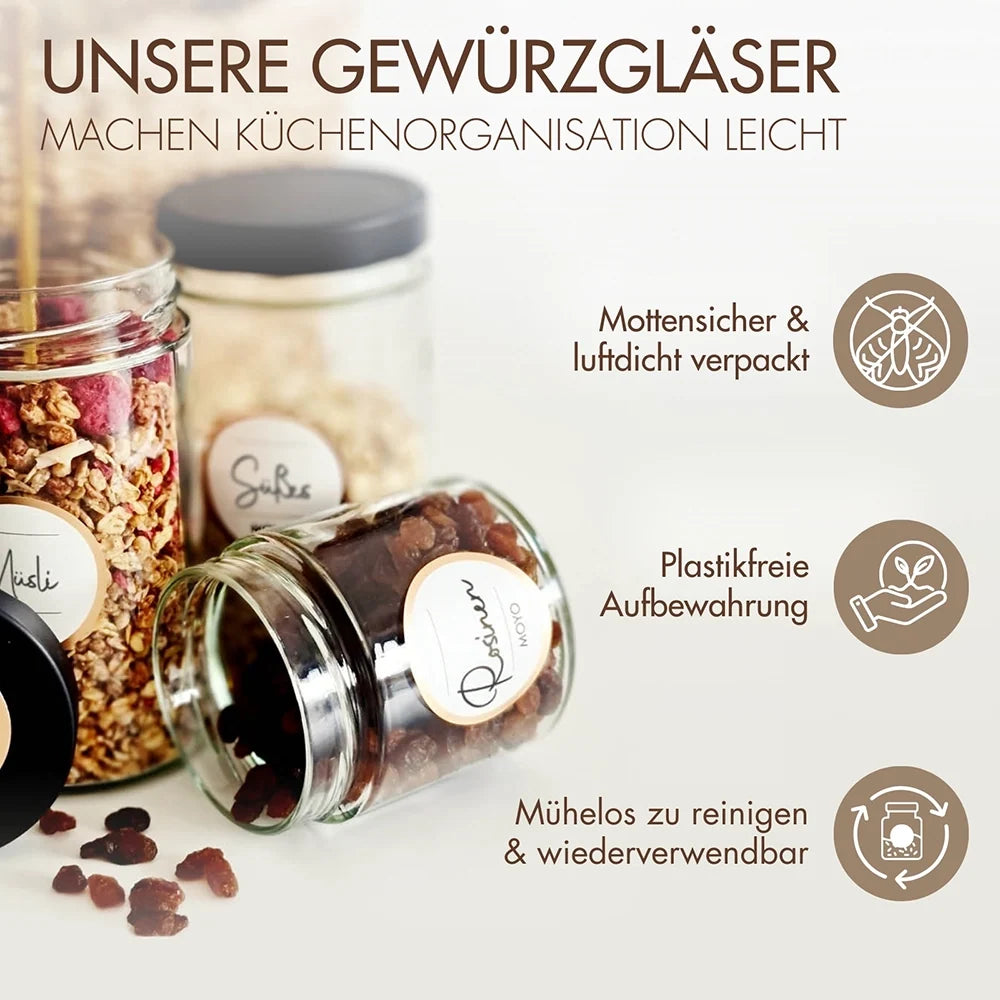 Gewürzbehälter Set 12 Stück – Vorratsgläser mit 24 matten Etiketten für die Küche