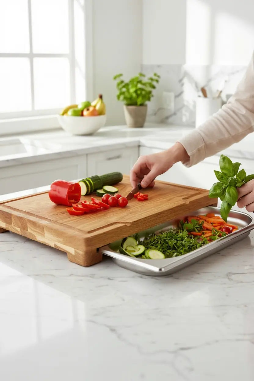 Oak Chopping Board with Collection Tray, 37 × 27 × 4.2 cm – Stainless Steel Drawer & Juice Groove