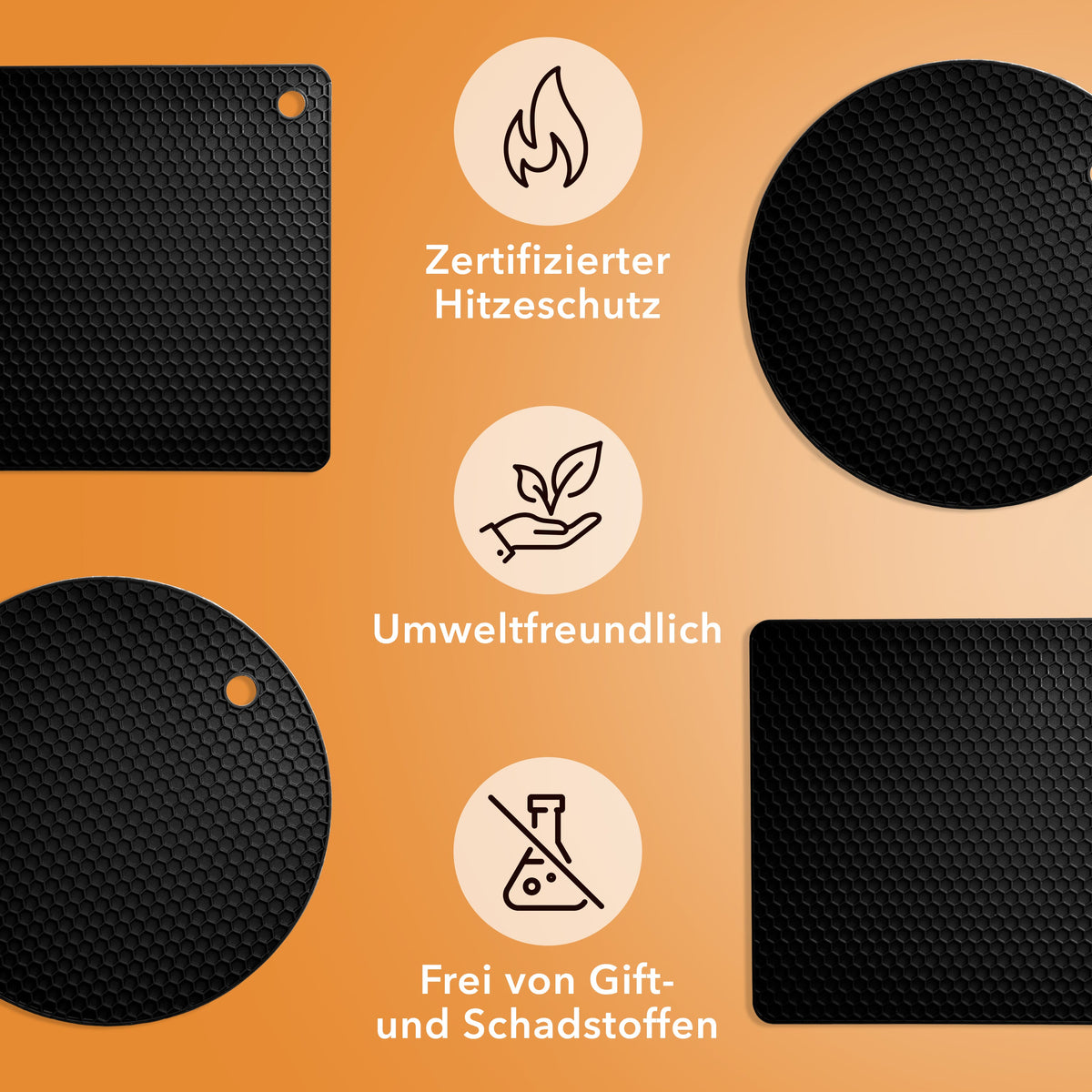 Black Round & Square Silicone Trivets and Pot Holders – Set of 4
